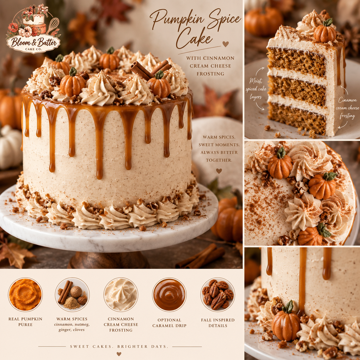 Pumpkin spice layer cake with cinnamon cream cheese frosting and fall-inspired decorations
