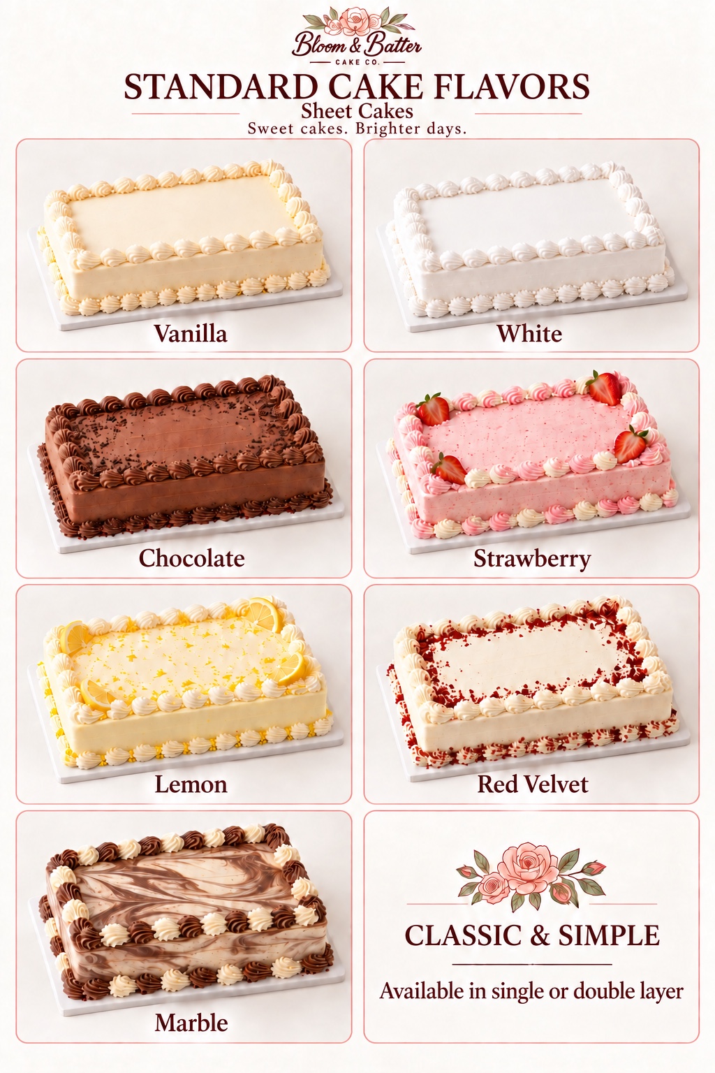 Bloom and Batter standard sheet cake flavor and pricing guide